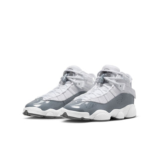 Youth high-top sneakers, white with cool grey panels, lace-up, thick sole.