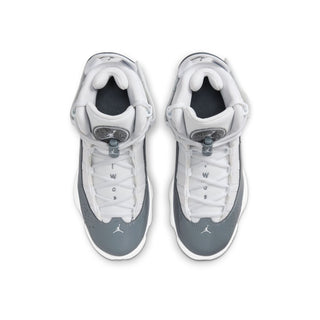 Youth sneakers, white laces and tongues with cool grey collar and heel logos.