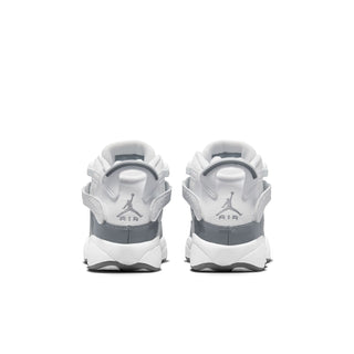 Youth high-top sneakers, white heel with cool grey back panel and pull tab.