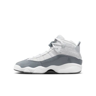 Youth high-top sneakers, white and cool grey with hook-and-loop strap detail.