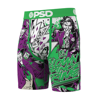 Side-print clown boxer briefs by PSD in purple, green, and white.