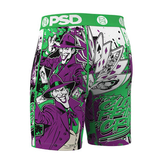 Clown character graphic boxer briefs with green waistband, PSD, purple/green/white.
