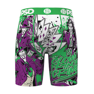 Front-facing clown graphic boxer briefs by PSD in purple, green, and white.