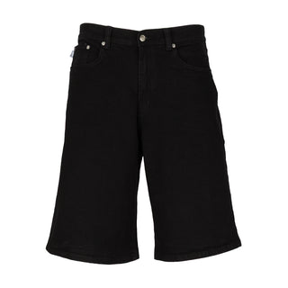 Men's black baggy denim shorts with button waistband and front pockets