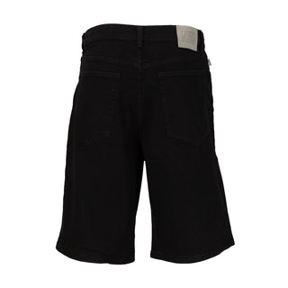 Men's black baggy denim shorts, back view with patch label and back pockets