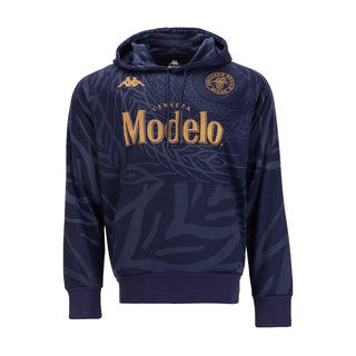 Men's navy hooded sweatshirt with front Modelo graphic, subtle camouflage pattern