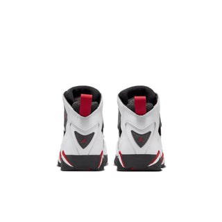 Kids' high-top sneakers, rear view in white with black heel and red accents