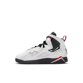 Kids' high-top basketball sneakers, angled side in white with black and red