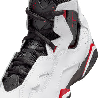 Kids' high-top sneakers, close-up of white leather panels and black laces