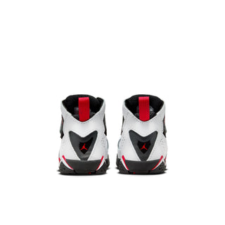 Toddler high-top sneakers back view, white uppers with black heel and red tabs