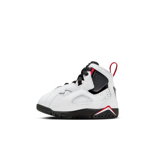 Toddler high-top sneakers side view, white leather with black straps and red trim
