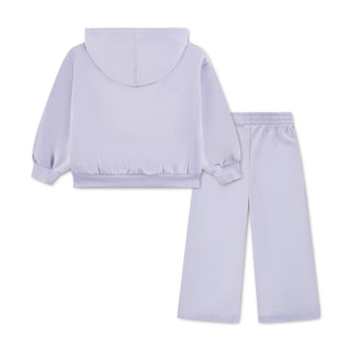 Kids lilac hoodie and wide-leg pants set, back view of hood