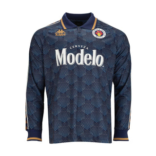 Men's navy patterned long-sleeve jersey with 'Modelo' graphic and crest patch at chest