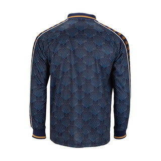 Men's navy long-sleeve jersey back view with allover dotted pattern and ribbed cuffs