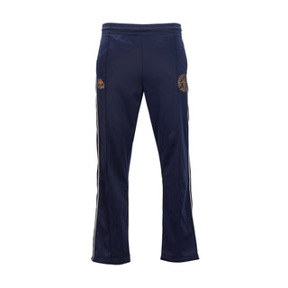 Men's navy track pants with side stripe and small logo patches