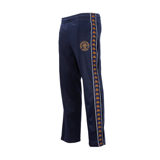 Navy track pants with patterned side stripe and round logo patch