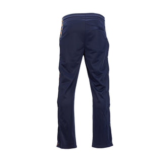 Men's navy track pants with elastic waistband and side stripe detailing