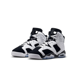Youth high-top sneakers with white leather, black panels, and light-blue outsole.