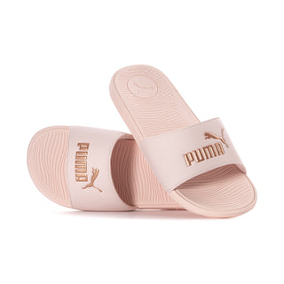 Women's pink slide sandals, footbed and Puma logo on strap