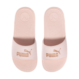 Women's pink slide sandals with Puma logo on the footbed