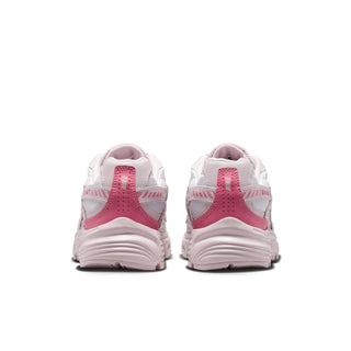 Back view of light gray and pink women's sneakers with cushioned heel tabs