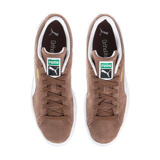 Men's suede sneakers, brown with white lining and black Puma cat on tongue