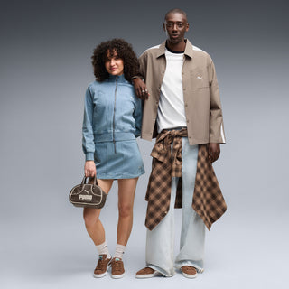 Men's suede sneakers, brown lace-up with white sole, worn by models