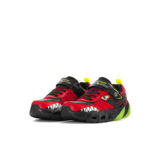 Kids dinosaur sneakers, red and black uppers with neon green accents and chunky sole