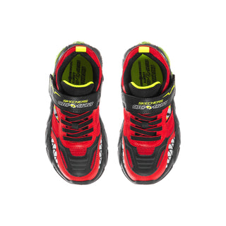 Kids dinosaur sneakers with red mesh uppers and black laces; neon green inside lining