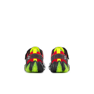 Kids dinosaur sneakers with black heel and bright neon green rear cushioning
