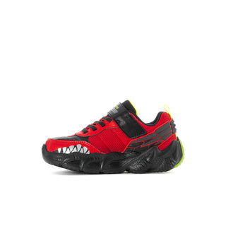 Kids dinosaur sneakers in red with black straps and neon green sole accents
