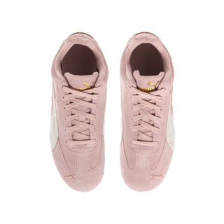 Youth sneakers, lace-up front view with mauve uppers and white side panels