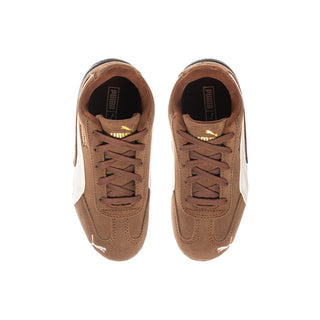 Kids brown and white sneakers, lace-up front view with visible inner lining