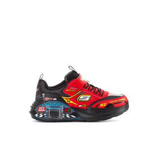 Kids red and black athletic sneakers with chunky sole and lace-up design