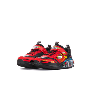 Kids red and black lace-up sneakers with sporty side panels and branding accents