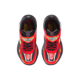 Kids red black sneakers with padded collar, mesh panels, and colorful stitching