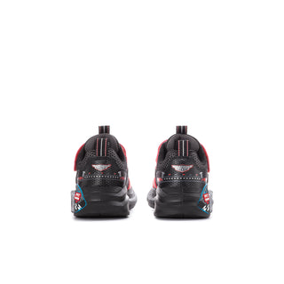 Kids red and black sneakers with rear heel pull tab and cushioned back