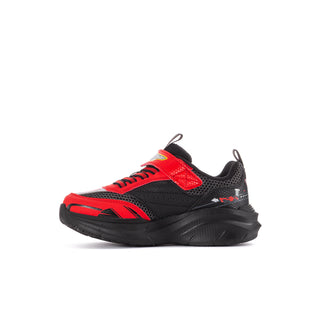 Kids red and black lace-up sneakers with side strap and chunky sporty sole