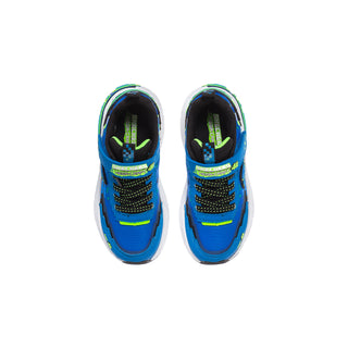 Kids' blue sneakers, top view, with green neon lace loops and black lining