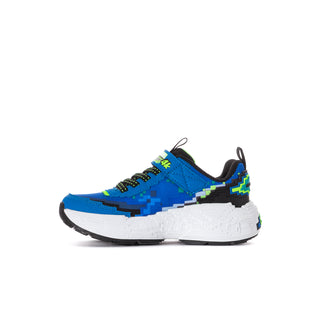 Kids' blue lace-up sneakers with green and black pixel panels and white sole
