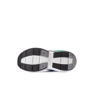 Kids' sneaker outsole view with black tread and white midsole edge