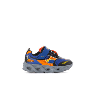 Toddler Skechers light-up sneaker in blue and orange with gray chunky sole