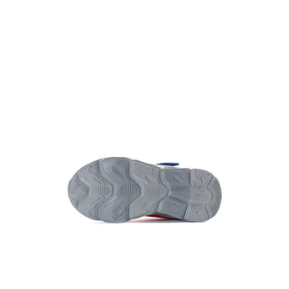 Toddler Skechers sneaker outsole view with gray textured tread and blue trim