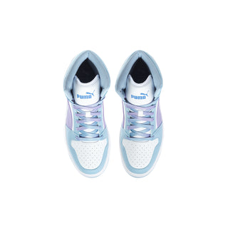 Youth high-top sneakers, front view, light blue uppers with lavender accent panels