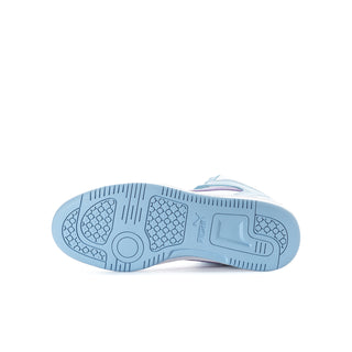 Youth high-top sneakers outsole view, light blue tread and white midsole edge