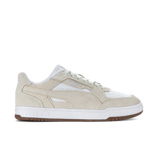 Men's Puma sneaker side view in beige suede with white sole