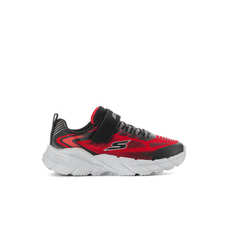 Kids athletic sneaker in red, black, and white with chunky white sole