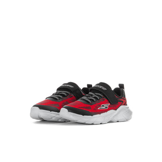 Kids athletic sneakers pair, red-and-black upper with black laces and white midsole