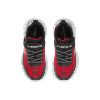 Kids sneakers, front view: red mesh upper with black collar and gray logo text