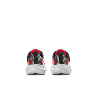 Kids sneakers, heel view: black back collar with red lining and white cushioned sole